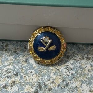 Golf tie pin. Vintage gold, blue, and rhinestone tie pin.